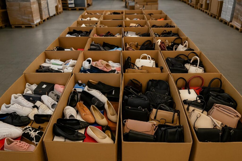 Drei Mitarbeiter gehen durch ein Lager und sprechen über Logistikabläufe – Symbolbild für „Wir kaufen Schuhe und Handtaschen, die du nicht mehr loswirst“ von Get Rid Of It